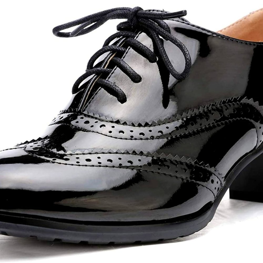 Odema Womens PU Leather Oxfords Wingtip Lace up Mid Heel Pumps Shoes NWT